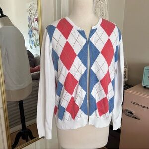 Liz Claiborne Red and Blue Argyle Cardigan